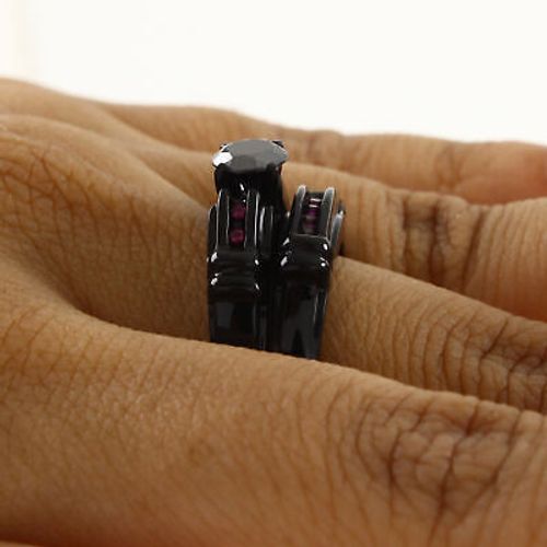 1/2 Ct Black Real Moissanite & Pink Sapphire Sterling Wedding Bridal Ring