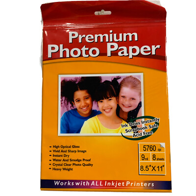 Sealed Premium Photo paper 8-sheets (8.5 x11 ),9 mil,5760dpi,greenbrier