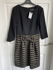 Ladies Black Gold Mix HALLHUBER Long Sleeve Bow Formal Party Dress Size 10 BNWT