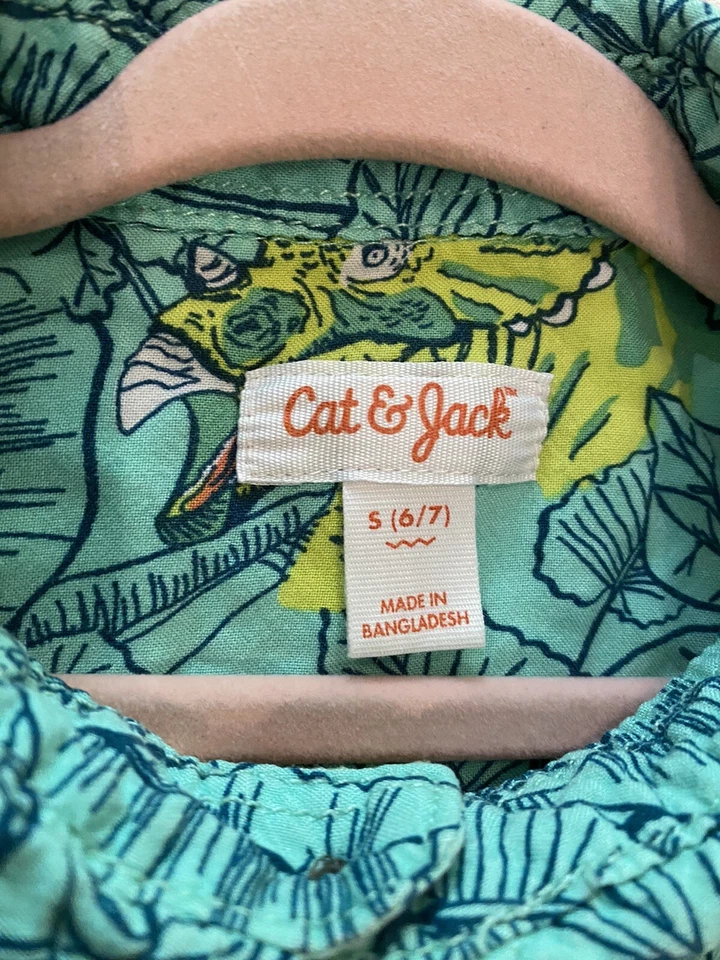 Cat and Jack Boys S 6/7 Button Up Collared Hawaiian Shirt Blue Green Dinosaurs - Image 3 of 4