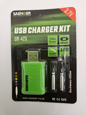 SAENGER - USB Ladegerät inkl. 2 Wiederaufladbare Stabbatterien CR 425 3V LED