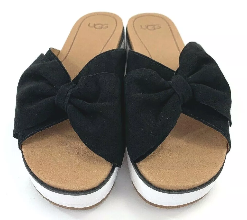 UGG Joan II Women's Black Platform Sandals Slides Suede Bow