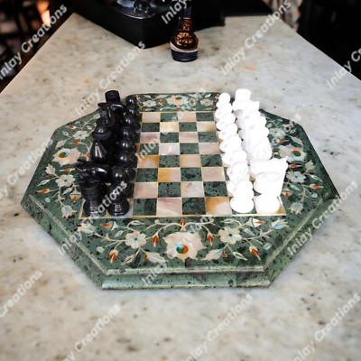 12'' Green Marble Inlay Chess With Set of 32 figures, Handmade Unique Chess Gift.