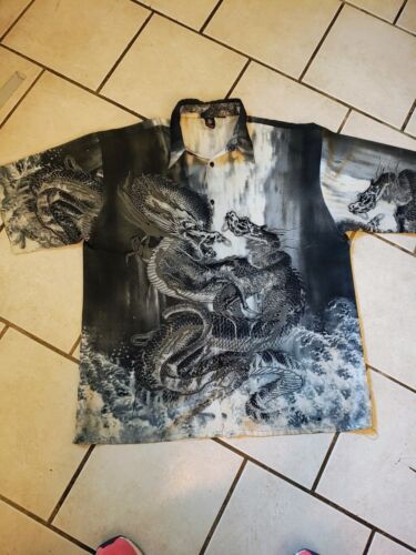 Billionaire Men's Dragon Button up Short Sleeve Shirt Black L/XL