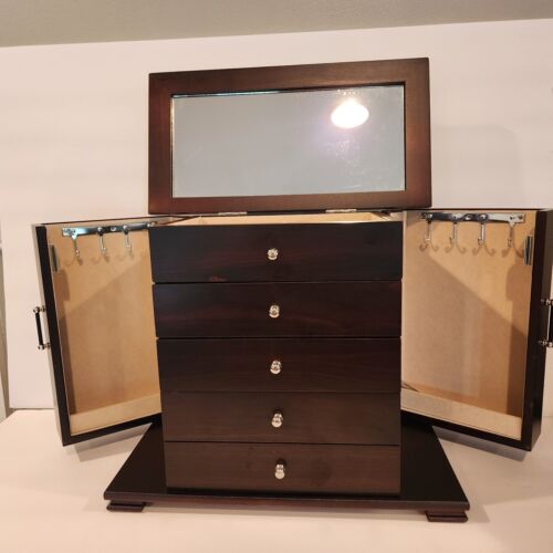 Java Finish Jewelry Box 11.38" x 13.5" x 7" Wood Lift Top w/ Mirror New - Picture 2 of 4