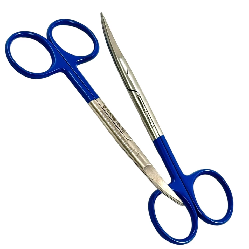 NUEVO INSTRUMENTO QUIRÚRGICO DENTAL SUPERCORTE CURVADO 4.5" ALEMÁN 5 TIJERAS IRIS - AZUL Foto 3 de 4