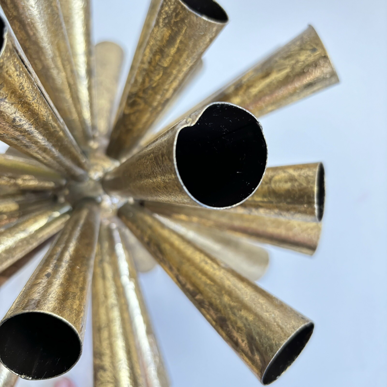 2 Metal Starburst Sputnik Style Tube Sculptures 10” And 8” Gold Tone Vintage