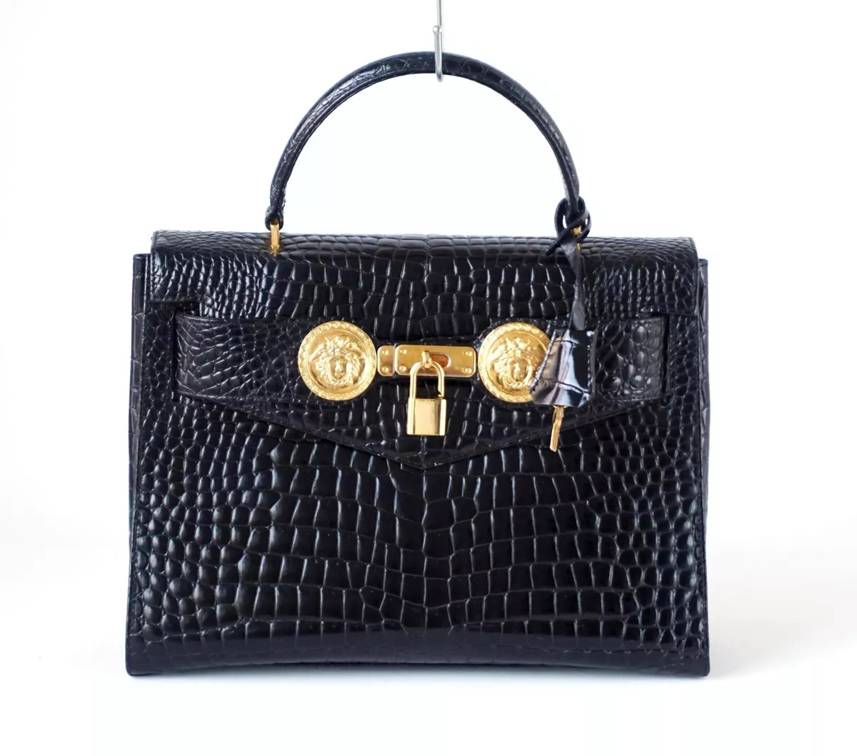 Auth Gianni Versace Black Leather Embossed Gold Medusa Top Handle Bag with  Padlo