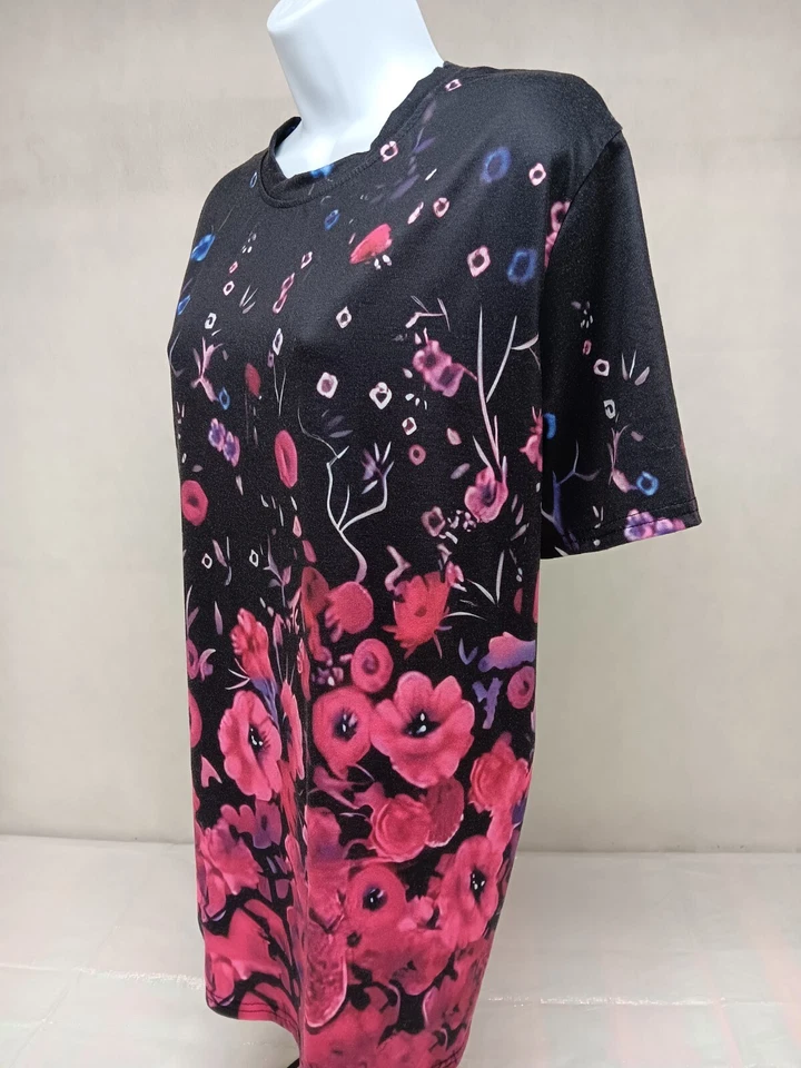 ЧЕРНЫЙ РОЗОВЫЙ ЦВЕТОЧНЫЙ ЖЕНЩИН 2 X КОРОТКИЙ РУКАВ ФУТБОЛКА ЭЛАСТИЧНОЙ - Изображение 4 из 4