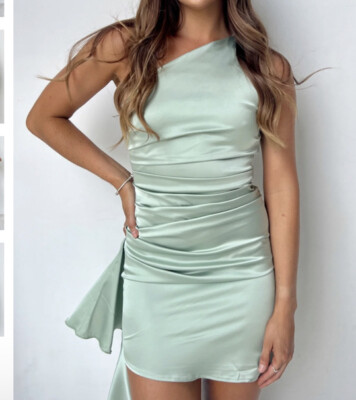 NEW TIGERMIST SAGE GREEN ONE SHOULDER SILKY SATIN RUFFLE MINI DRESS 8 12 |  eBay UK