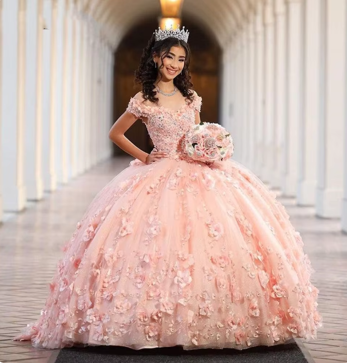 Pink Puffy Quinceanera Dresses 3D Appliqued Flower Vestidos De 15 Anos  Tulle | eBay