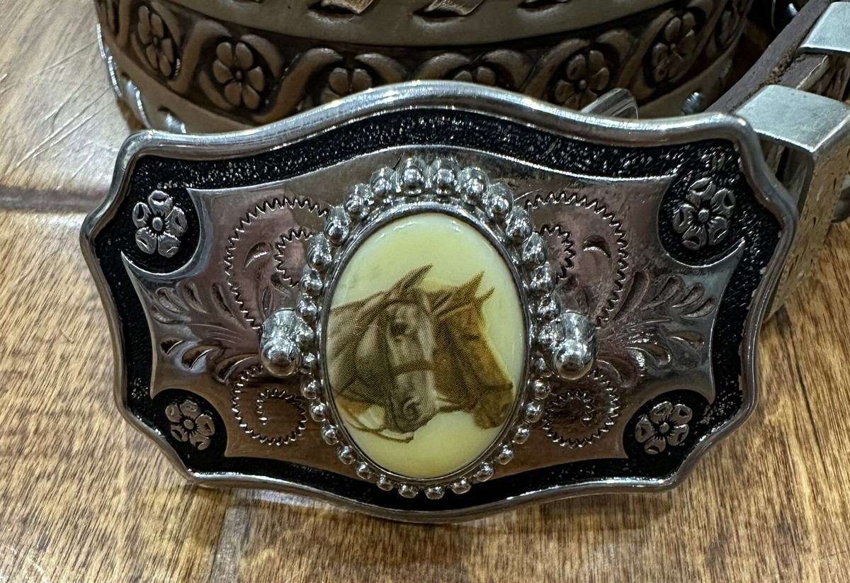 小物 Justin TOP GRAIN COWHIDE Justin Top Grain Cowhide Leather Belt Western Tooled SZ 30 Horse