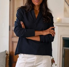 Frank & Eileen Patrick Popover Henley Top Womens Sz S Heritage Jersey Navy Blue