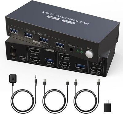 HDMI KVM Switch 2 Monitors 2 Computers 4K60Hz with 4 USB 3.0 Dual Monitor