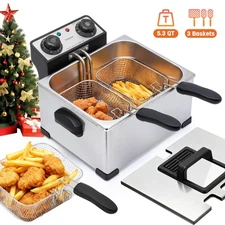 VUSIGN 5.3QT Dual Tank Electric Deep Fryer 1800W Stainless Steel with 3 Baskets
