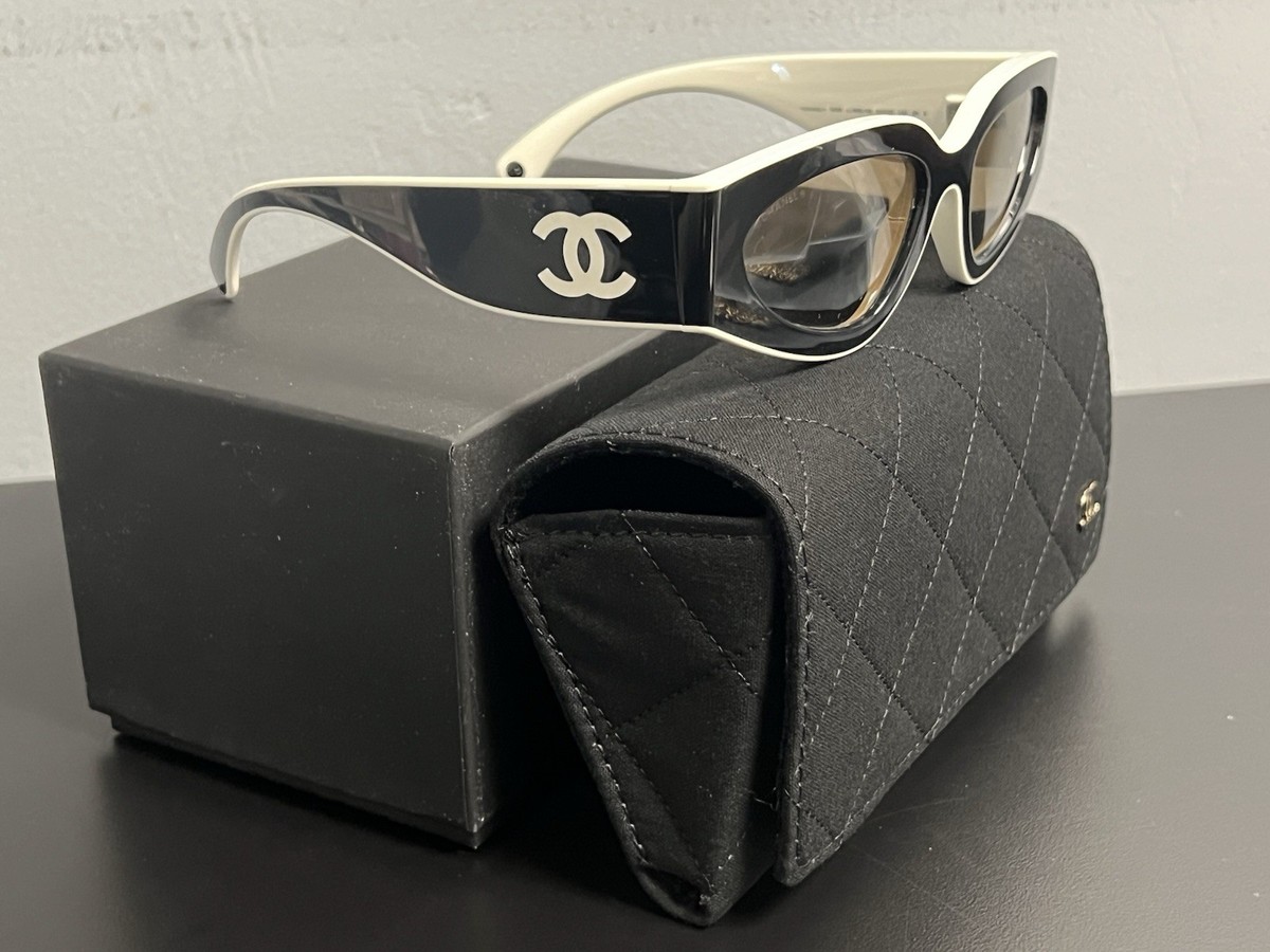 CHANEL CAT EYE SUNGLASSES BLACK/MILKY WHITE FRAME BROWN LENS