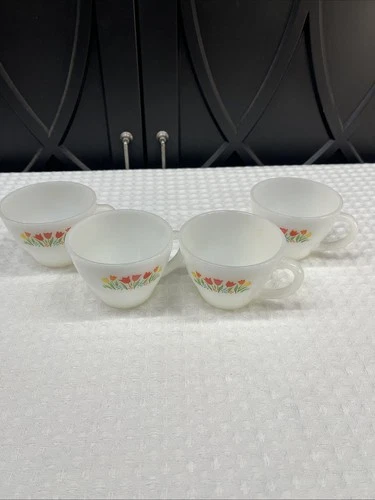 Vintage Anchor Hocking Fire King Dinner Ware Tulip Flower Coffee Tea Cups 4 Mugs