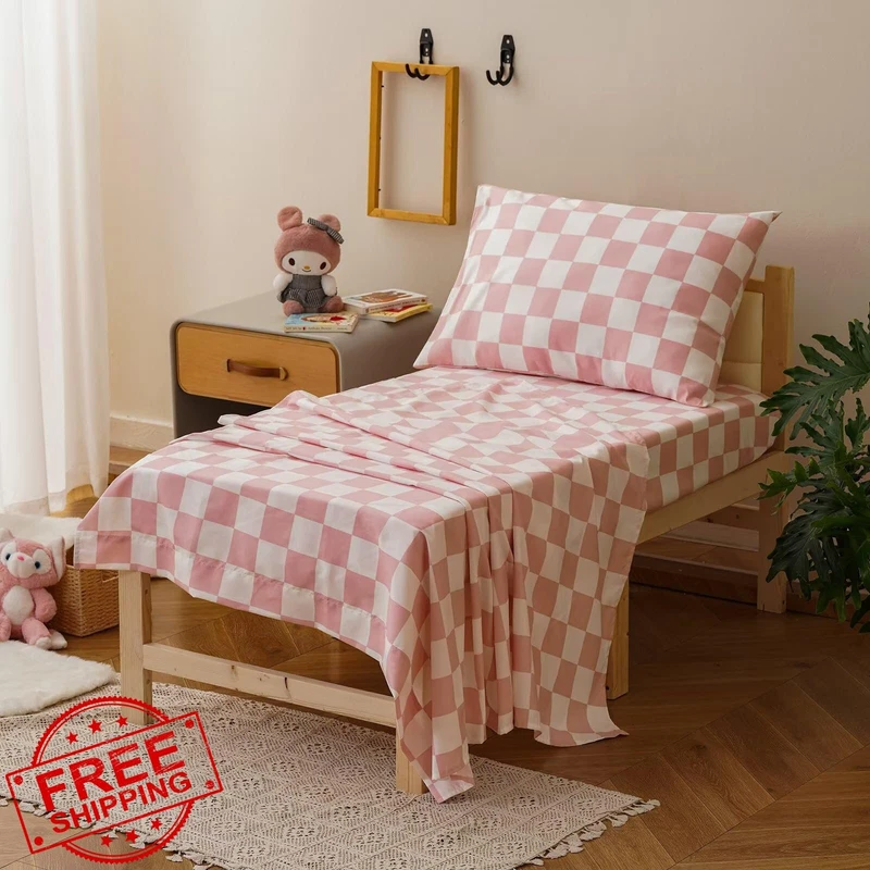CLOTHKNOW pink white plaid toddler bedding 4pc set
