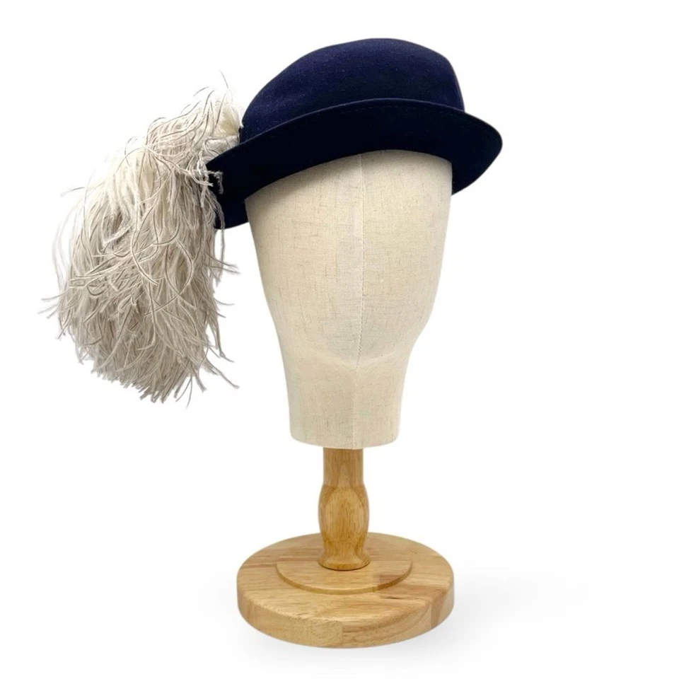 Vintage Gage Brothers Navy Wool Hat Ostrich Feather Trim 1940s 1950s Chicago NY - Image 3 of 4