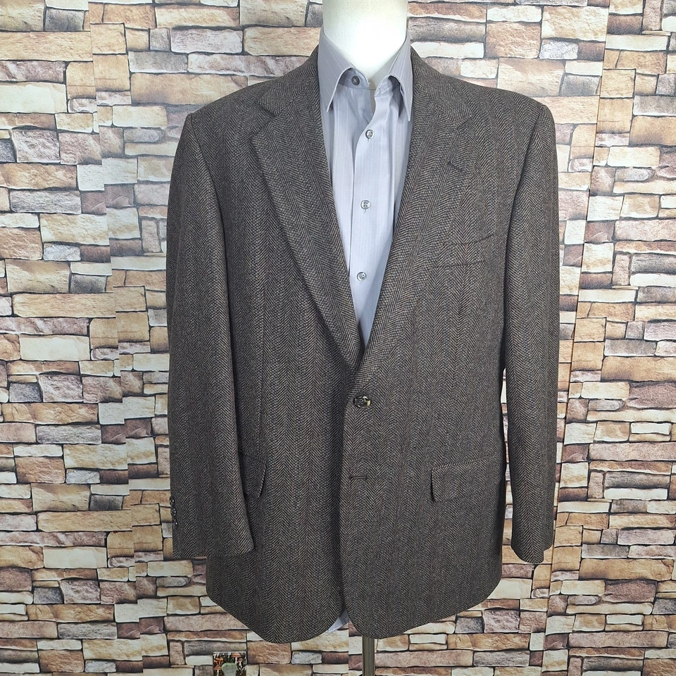 Cricketeer Jacket Blazer Mens 44R Brown Herringbone Stripe Lambswool Wool - Image 2 of 4
