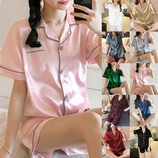 Womens Satin Silk Pyjamas Nightwear Ladies Short Sleeve Button Shirts PJs Set