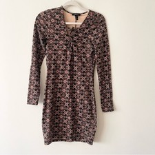 Forever 21 Floral Mini Long Sleeve Dress Lace Up Neck Women’s size M Brown Black