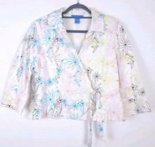 Doncaster Linen Crop Wrap Jacket Womens 14 White Floral Embroidery Blazer Lined