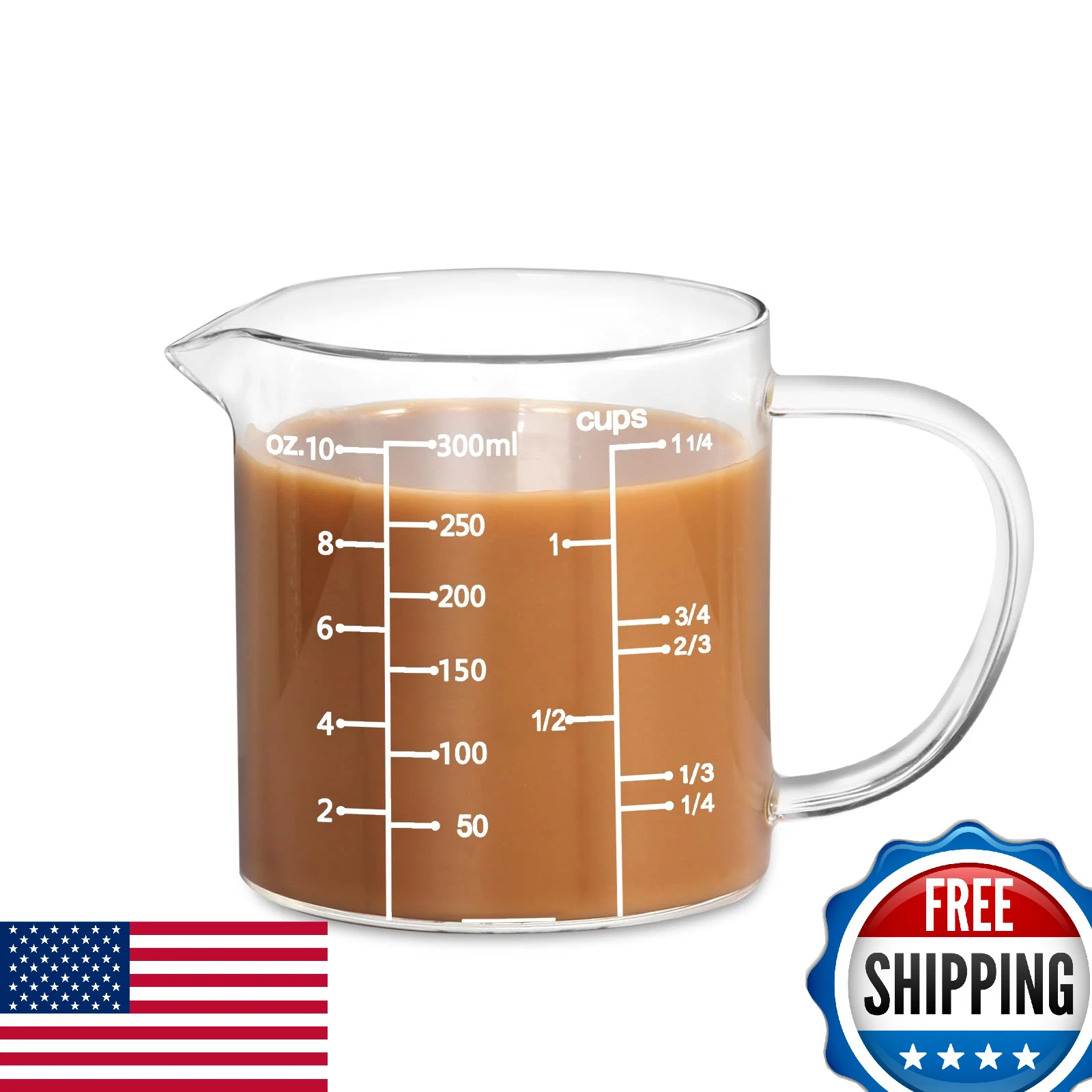 77L Glass Measuring Cup, V-Spout, Heat-Resistant, 300ml/1.25 Cup, Clear