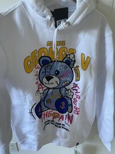 Avenue George V Paris Hoodie Rhinestone Teddy Bear Men's White Long Sleeve L