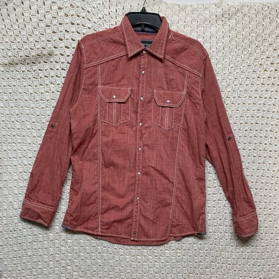 BKE Western Shirt Mens Sz M Red Standard Fit  Embroidery Pearl Snap Roll Tab