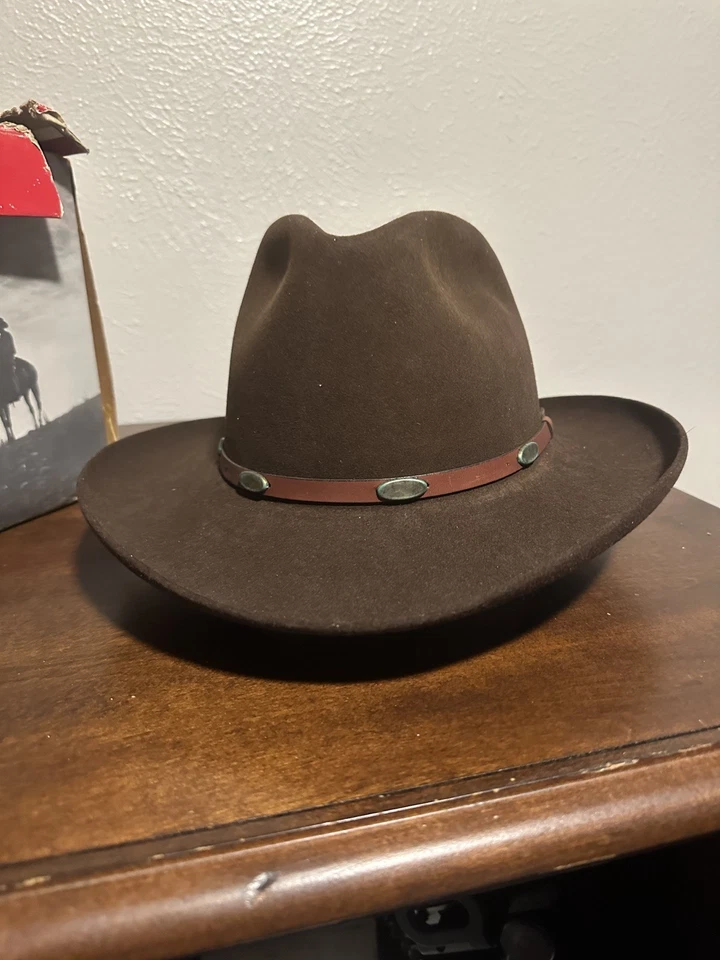 Chapéu de caubói Stetson marrom feltro 7 1/8 lã ocidental vintage com faixa e caixa chapéu raro - Imagem 4 de 4