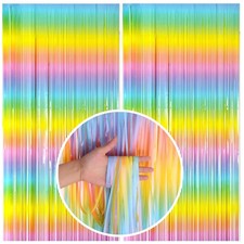 Pastel Rainbow Foil Fringe Curtain Streamers Party Backdrop Foil Fringe Backd...