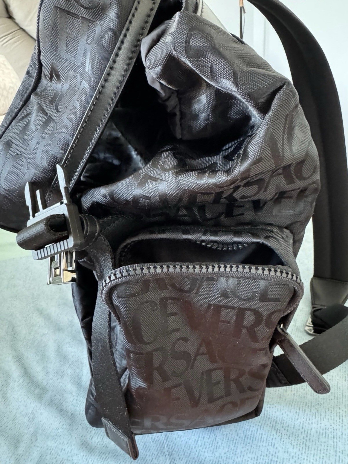 Versace Black Monogram Nylon Backpack Rucksack Leather Authenticated NWOT thumbnail 7