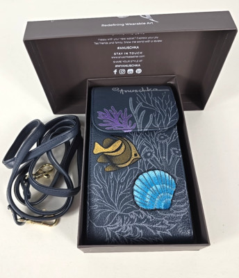 Anuschka Hand Painted Leather RFID Organizer Wallet Ocean Magic Fish Crossbody