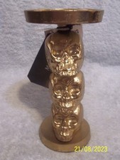 Halloween Gold Triple Skull Candle Holder New No Box 6.75" Tall