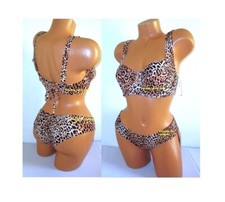 Victoria  s Secret Swim 32B/S Lace-Up Back Top Bikini Set Ruched Cheeky Leopard