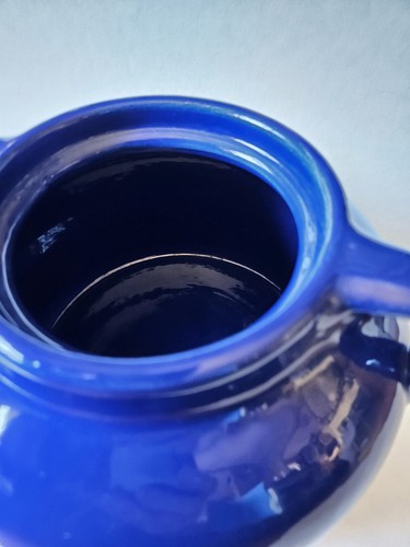 Vintage Bauer Pottery 3Qt Handled Covered Bean Pot Cobalt Blue Plain Ware - Picture 9 of 13