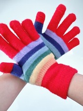 Women Girls Warm Knit Colorful Striped Rainbow finger touch SHORT Gloves Mittens