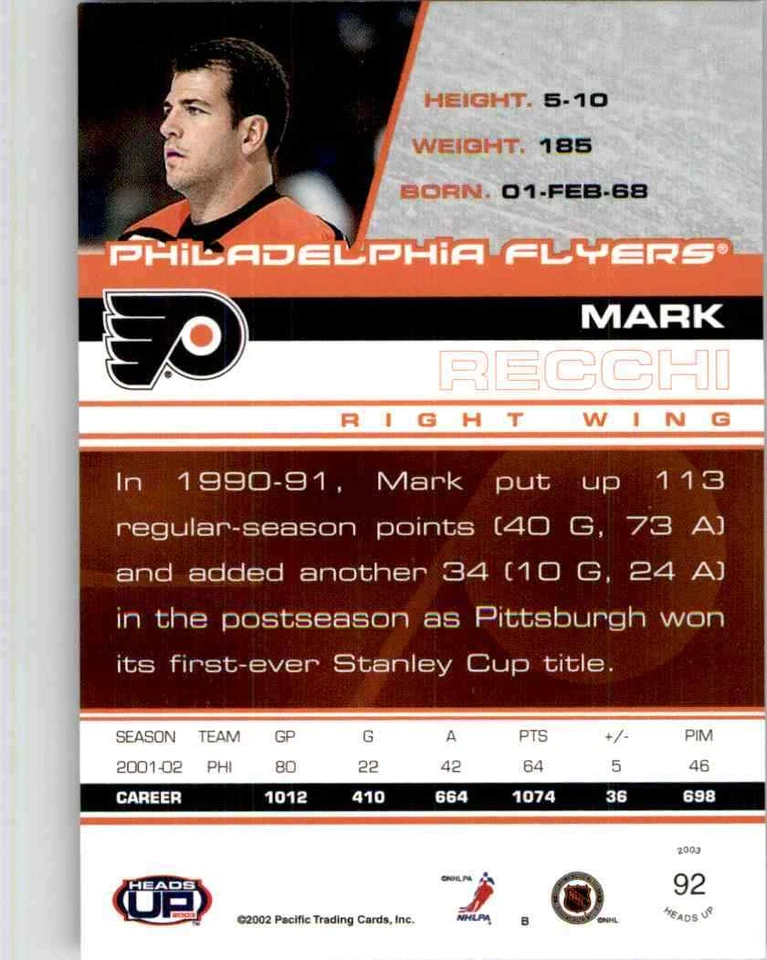 2002-03 Pacific Heads Up Mark Recchi #92 - Image 2 of 2