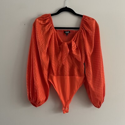 Express Wmn XS Orange Satin Jacquard Balloon Sleeve Tie Front Thong Bodysuit NWT