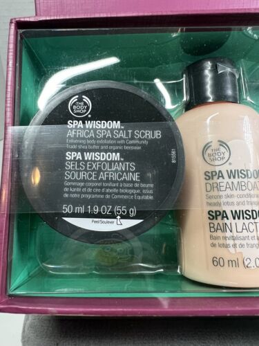 Kit de muestreo de sabiduría The Body Shop Spa exfoliante baño de leche bálsamo de aceite de mantequilla manoi con caja - Imagen 2 de 8