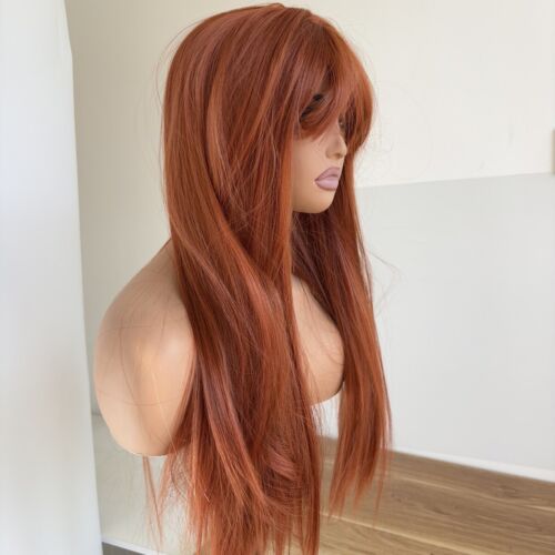 Copper Red Layered Cosplay Wigs With Bangs Synthetic Hair Soft Long Straight - Picture 9 of 9