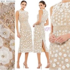 Mac Duggal 67853 Floral Applique Sleeveless Midi Sheath Dress Ivory Nude Size 0