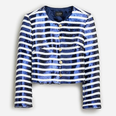 NWT J.Crew Collection Louisa Lady Jacket in Navy Ivory Sequin Stripe 8
