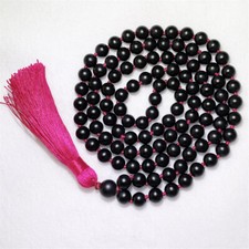 8mm Black Frosted Agate 108 Bead Tassel Knot Necklace Gemstone