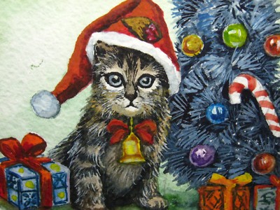 Watercolor Painting Christmas Tree Decorations Santa Hat Cat Home