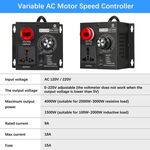 AC Variable Speed Controller, 120V~220V 15A 4000W SCR Voltage Controller for ... - Picture 3 of 7