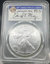 2017 SILVER EAGLE PCGS MS70 EDMUND MOY HAND SIGNED FIRST STRIKE LABEL