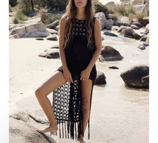 ZARA FRINGED CROCHETED DRESS OPEN BACK Size Medium (See Description)
