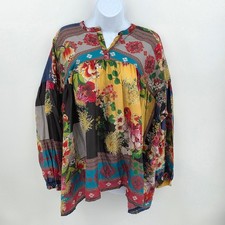 Johnny Was Small Floral Colorful Button Pullover Tunic Blouse 100 Silk